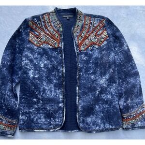 Indigo Moon‎ Quilted Artisan Embroidered Beaded Tie Dye Jacket Size S Blue White